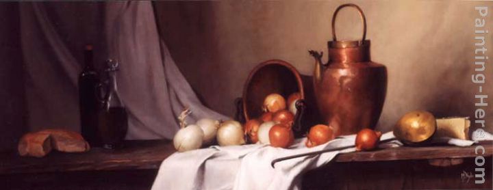 Still Life with Bread, Onions and Brass Water Jug painting - Maureen Hyde Still Life with Bread, Onions and Brass Water Jug art painting